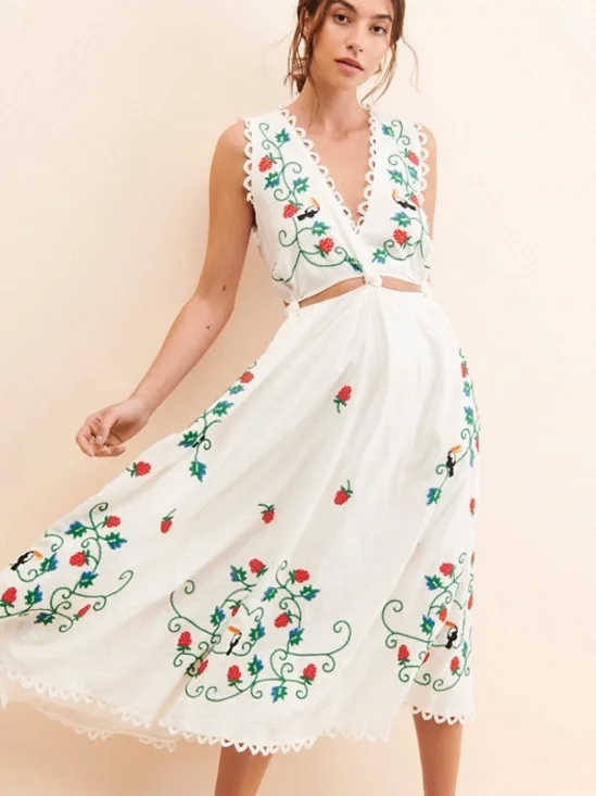 FARM Rio Cross Stitch Toucan Embroidered Midi Dress in Off-White - Picture 2 of 9